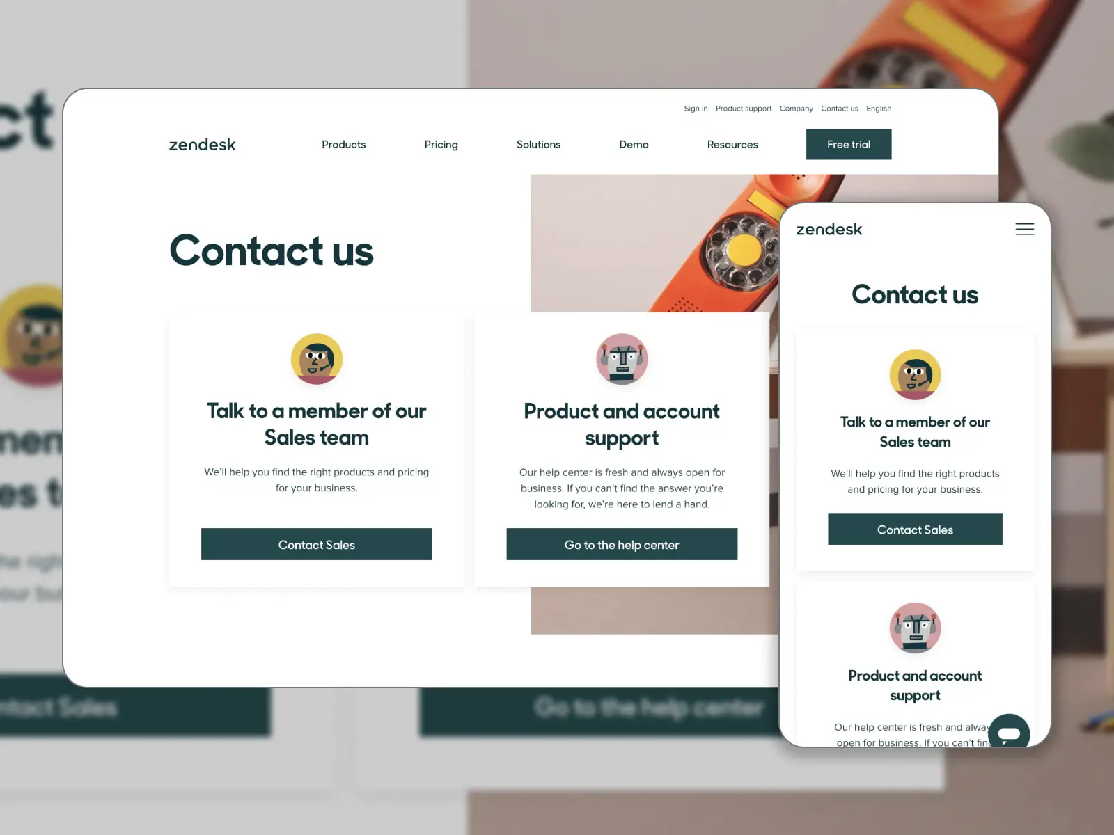 Kolase desain halaman hubungi kami Zendesk dengan tiga blok berwarna putih dan biru tua.
