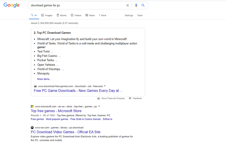 Pagina cu rezultatele căutării Google