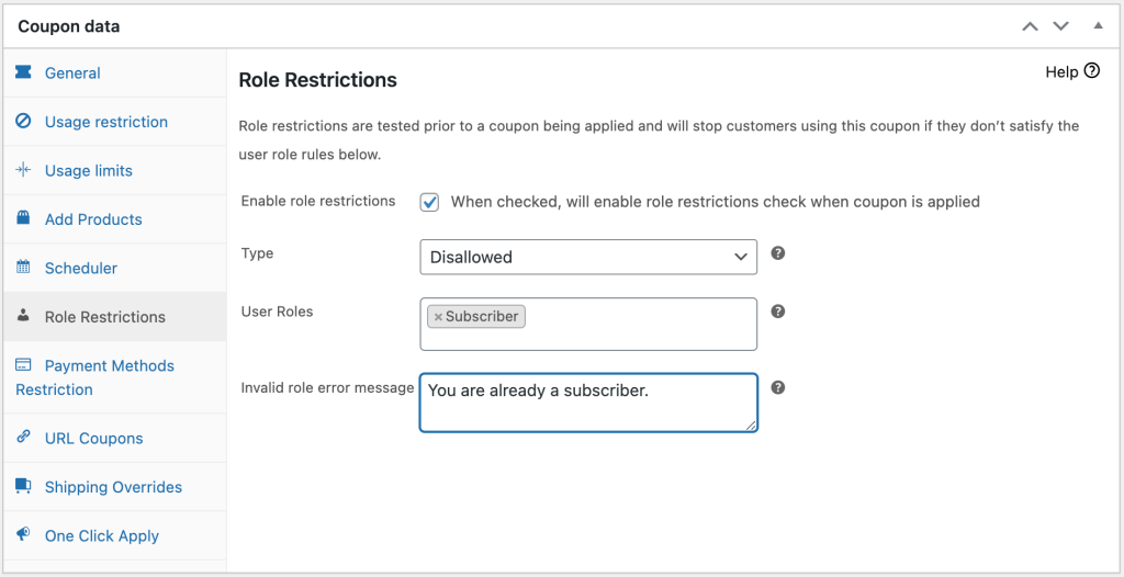Rollenbeschränkungen – Erweiterte Gutscheine Role restriction settings in WooCommerce
