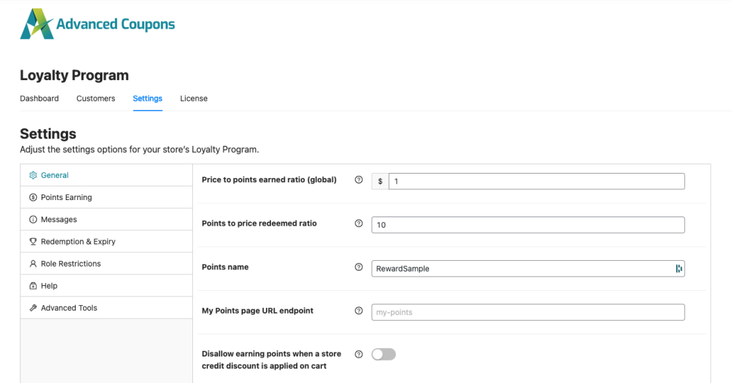 Advanced Coupons' Loyalty Program settings