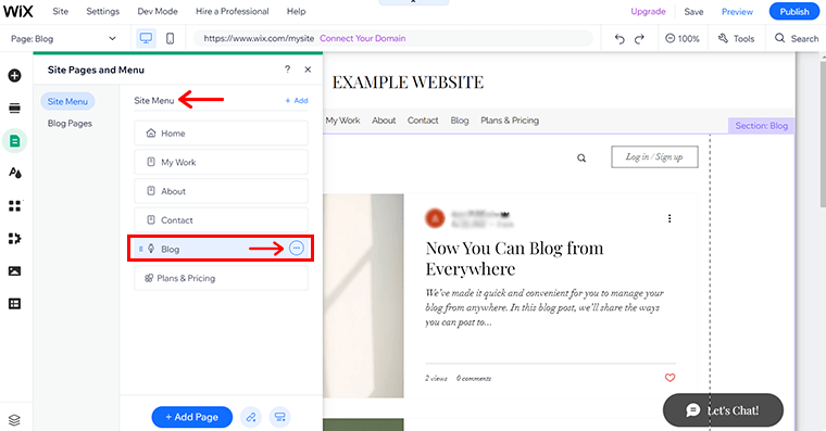 Clique na página do blog e no ícone de 3 pontos