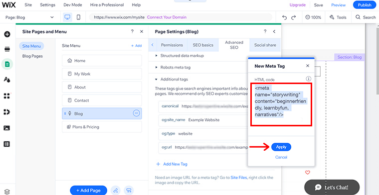 Adicione Meta Tag junto com suas palavras-chave e clique em Aplicar
