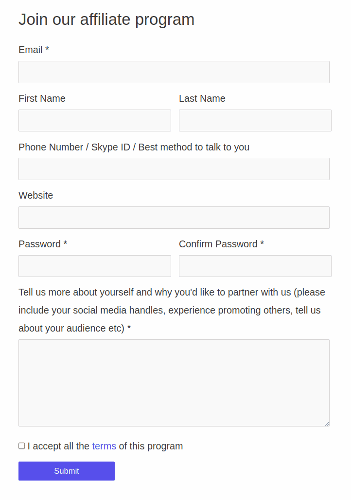 formulario de registro de afiliado simple