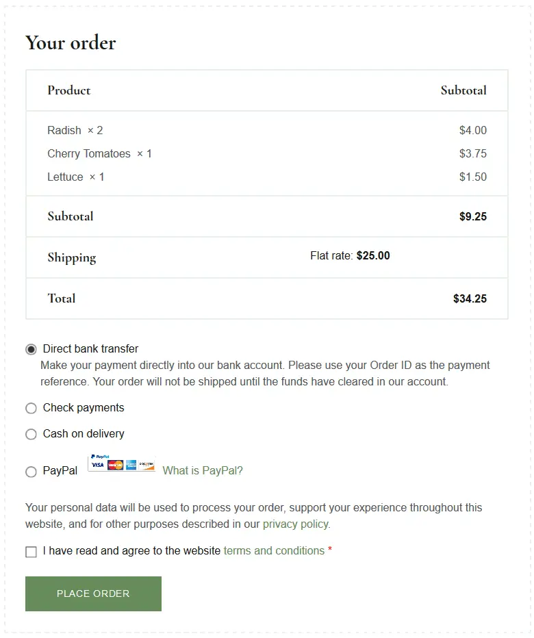 食料品店のWordPressテーマのチェックアウトフォーム