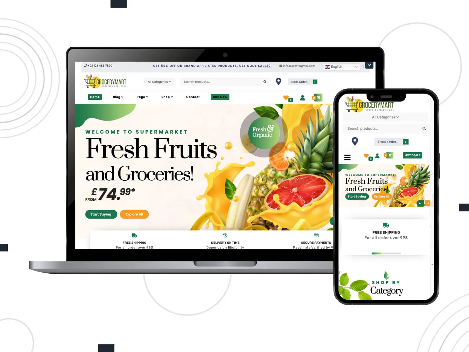 Online Grocery Mart のイラスト - ダークスレート グレー、セイタカアワダチソウ、チョコレートのカラー パレットの食料品中心の WordPress プラットフォーム向けの、明るく魅力的で革新的な WooCommerce テーマ