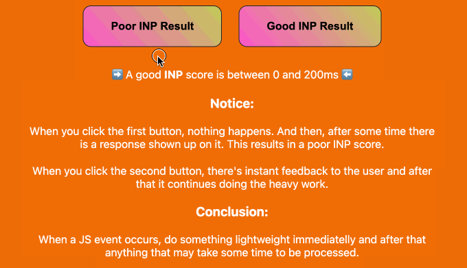 INP スコアを最適化するための CodePen サンプル プロジェクトのアニメーション Animation of CodePen Example Project for Optimizing INP Score