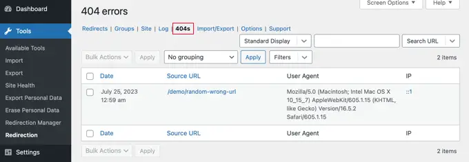 리디렉션 플러그인의 404 로그 404 Logs in Redirection plugin