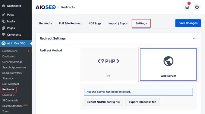AIOSEO 서버 수준 리디렉션 AIOSEO Server Level Redirects