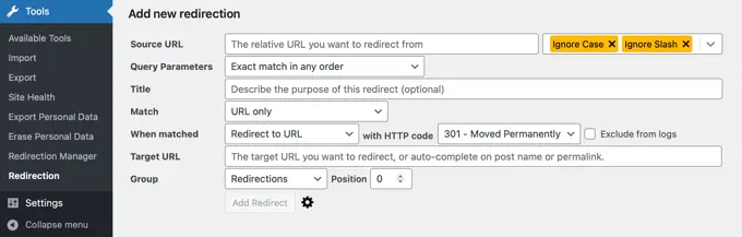 새 리디렉션 추가를 위한 추가 옵션 More options for add new redirection
