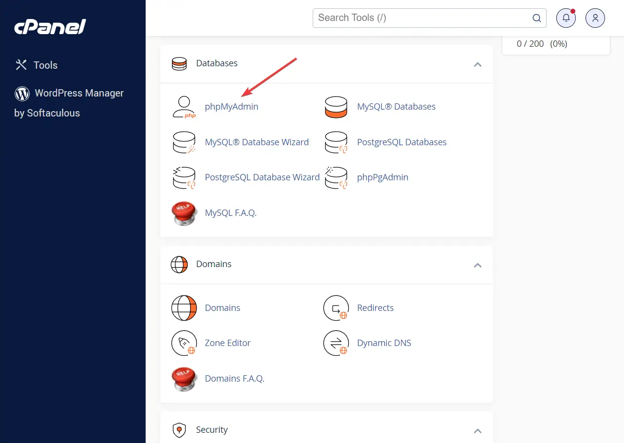 phpMyAdmin dans cPanel.