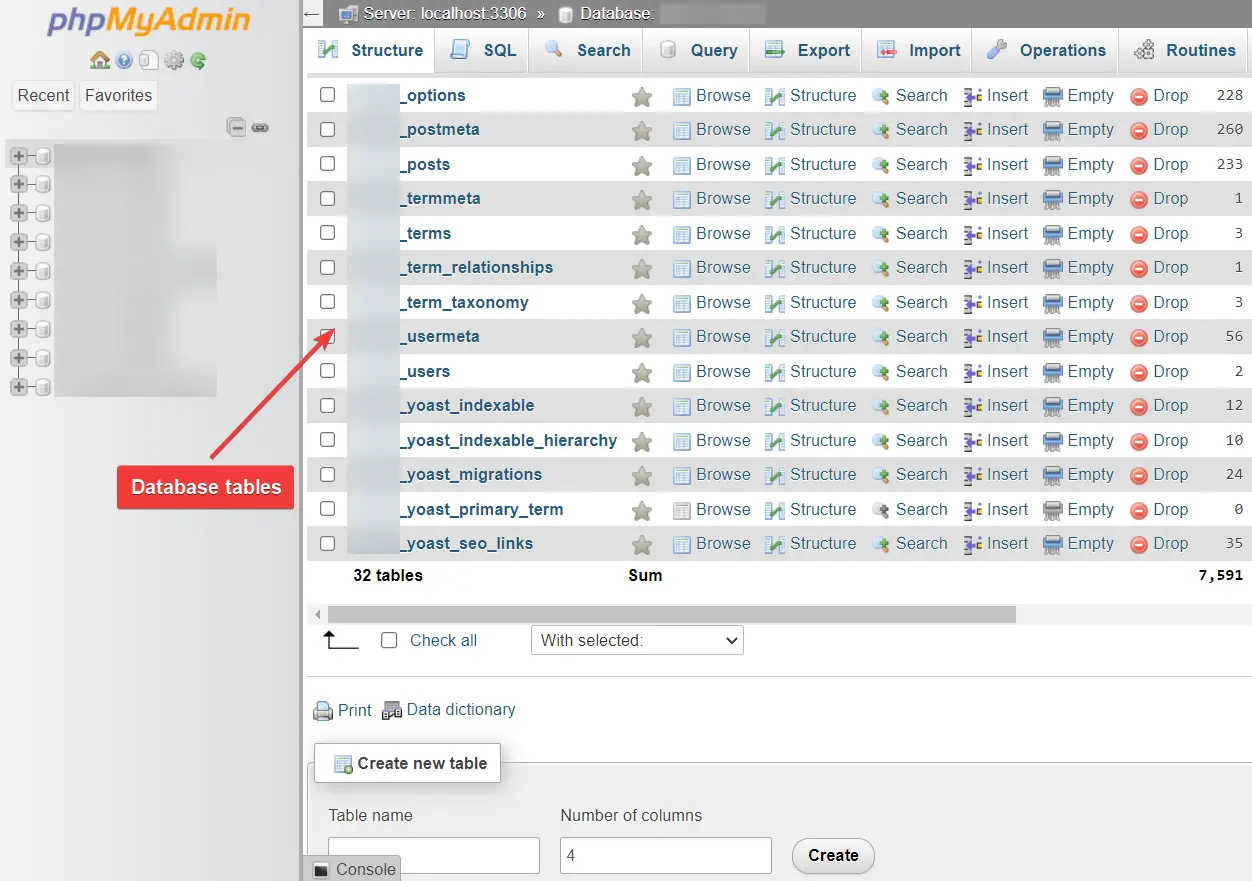 Base de données WordPress dans phpMyAdmin.