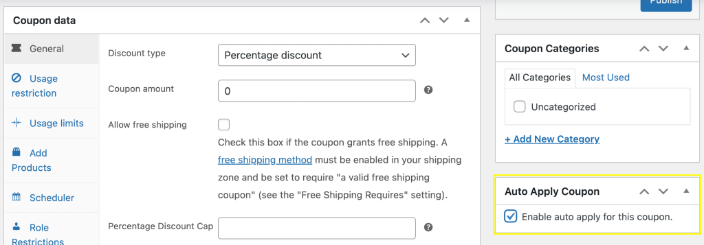 Enabling the auto apply coupon setting in Advanced Coupons.