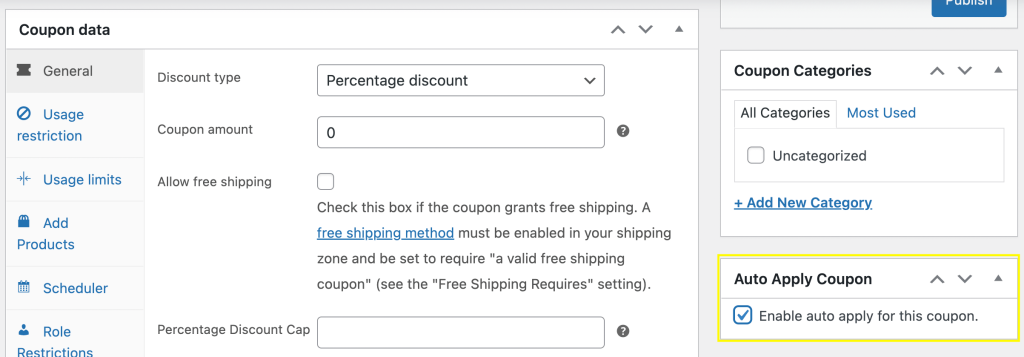 enable-auto-apply-coupon – Erweiterte Coupons Enabling the auto apply coupon setting in Advanced Coupons.