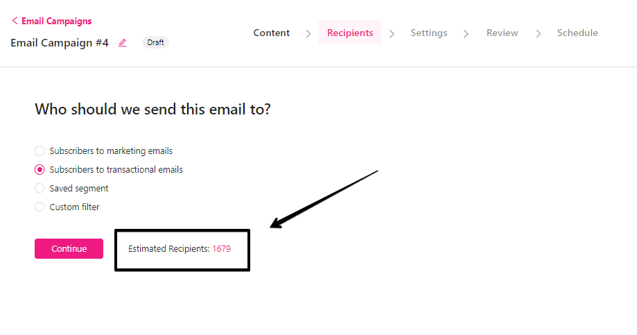 عدد الجمهور المقدر لحملة البريد الإلكتروني الخاصة بـ Growmatik