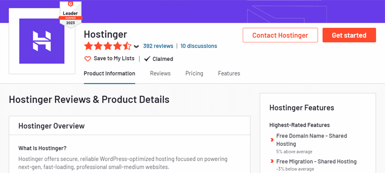 Hostinger WordPress 호스팅에 대한 G2 리뷰