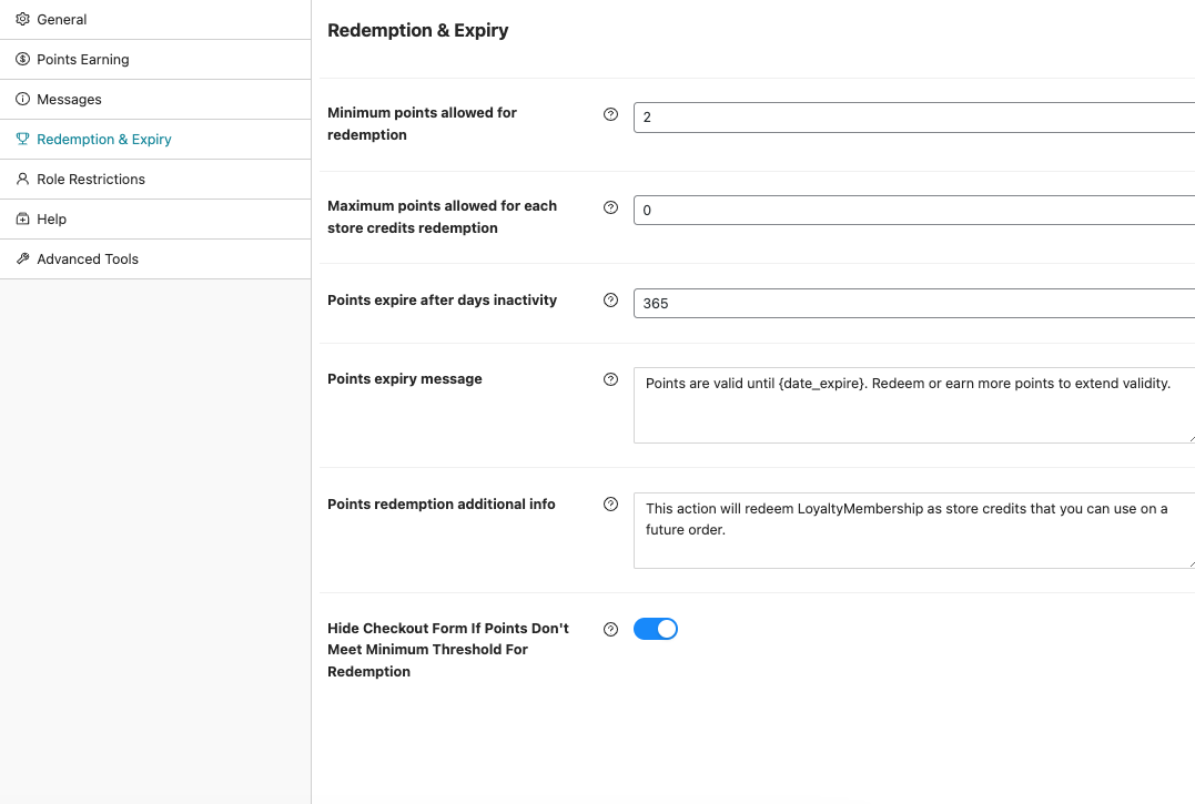 Redemption & Expiry settings