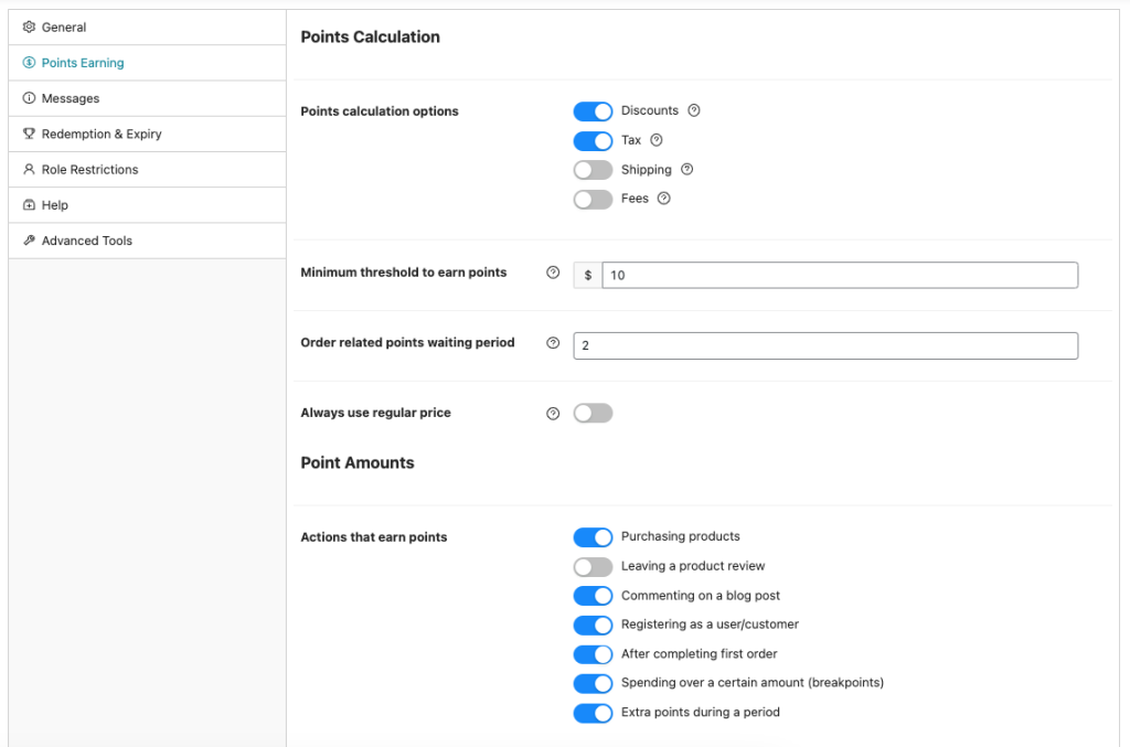 Points calculation settings 