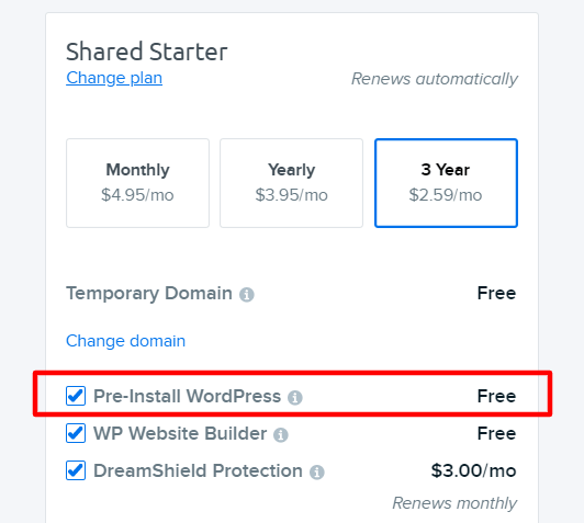 Opción de preinstalación de WordPress en DreamHost