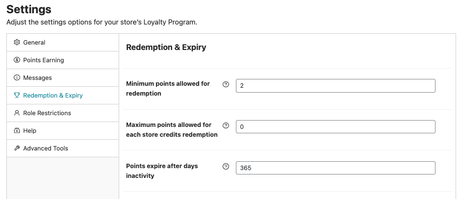 Redemption & Expiry Settings
