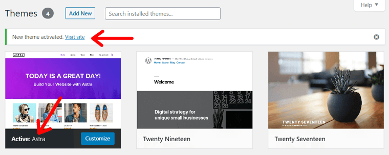 Aktywowany motyw WordPress Astra