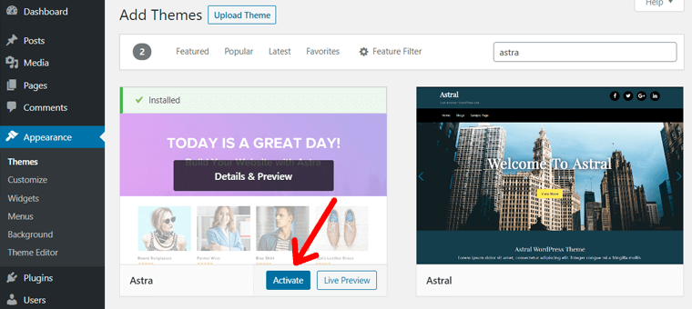 Aktywacja motywu Astra WP