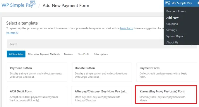 Klarna 양식 템플릿 선택 Select Klarna form template