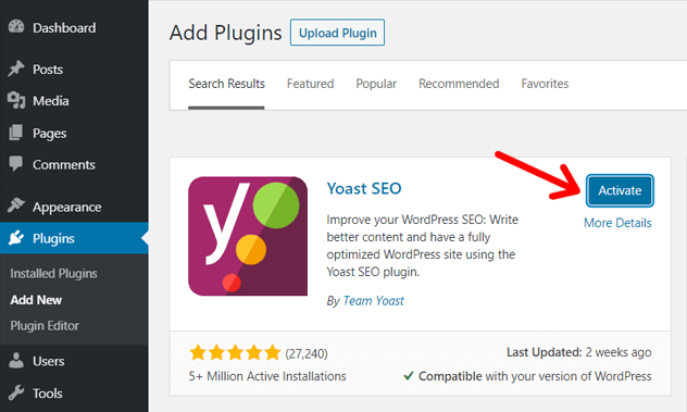 Activer le plugin WordPress, Yoast par exemple