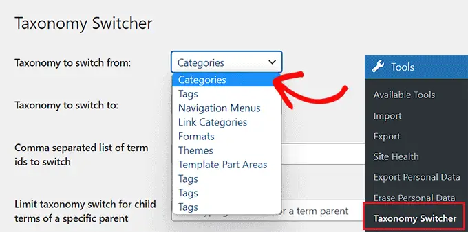 드롭다운 메뉴에서 전환하려면 분류에서 카테고리 옵션을 선택하세요. Choose categories option from the Taxonomy to switch from dropdown menu