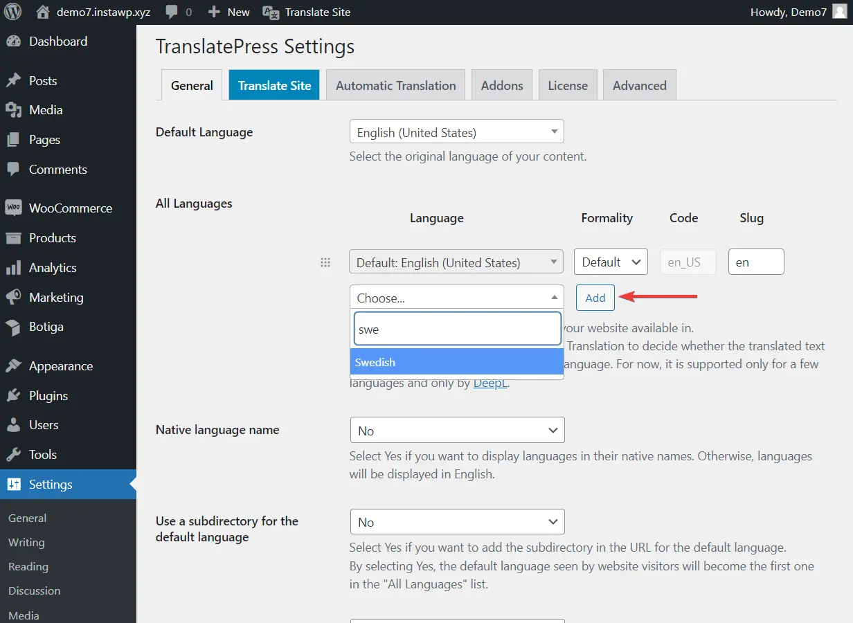 Pengaturan bahasa TranslatePress
