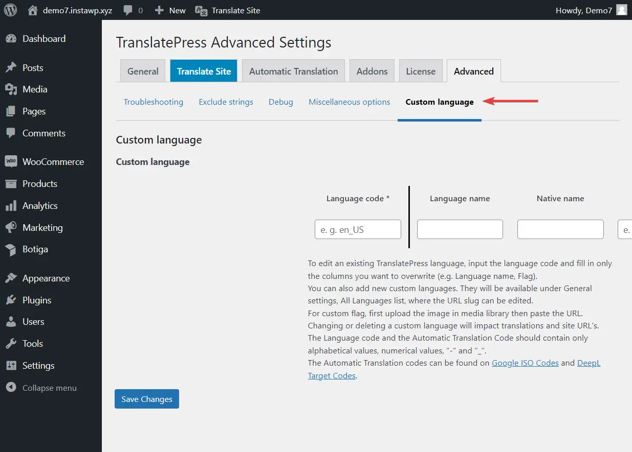 Pengaturan TranslatePress tingkat lanjut untuk bahasa khusus