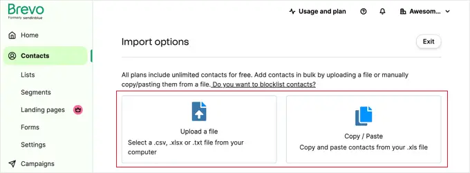 ตัวเลือกการนำเข้า Brevo Brevo Import Options