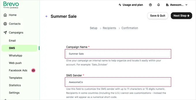 การป้อนชื่อและผู้ส่งสำหรับแคมเปญ SMS ของคุณ Entering a name and a sender for your SMS campaign