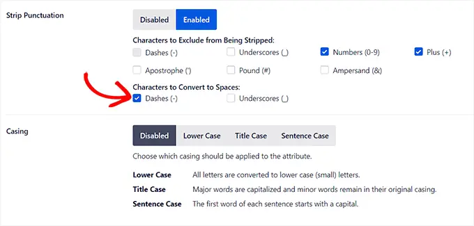 配置条带标点符号和大小写选项 Configure strip punctuation and casing options