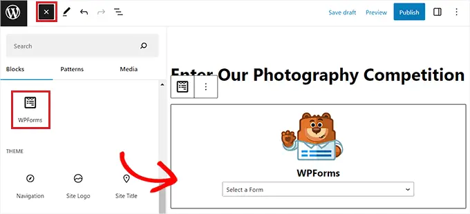找到并添加 WPForms 块 Locate and add the WPForms block