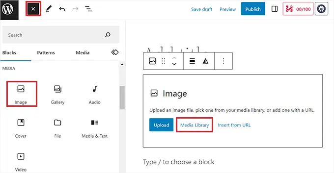 在帖子中添加图像块 Add image block to the post