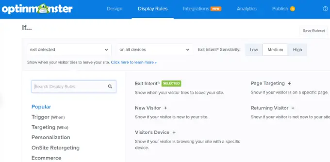 OptinMonster 中廣告活動的預設顯示規則 Select exit intent display rule