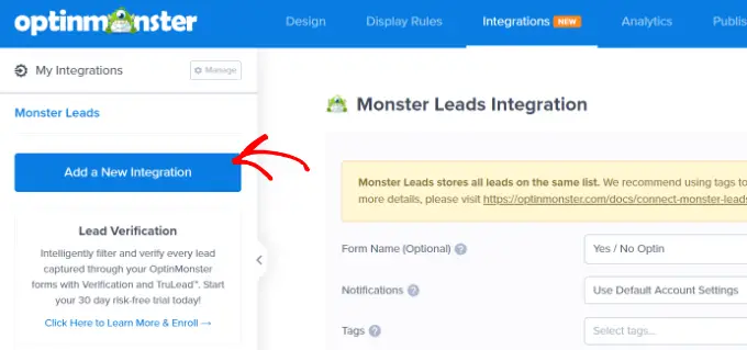 點擊以在 OptinMonster 中新增集成 Add email integration
