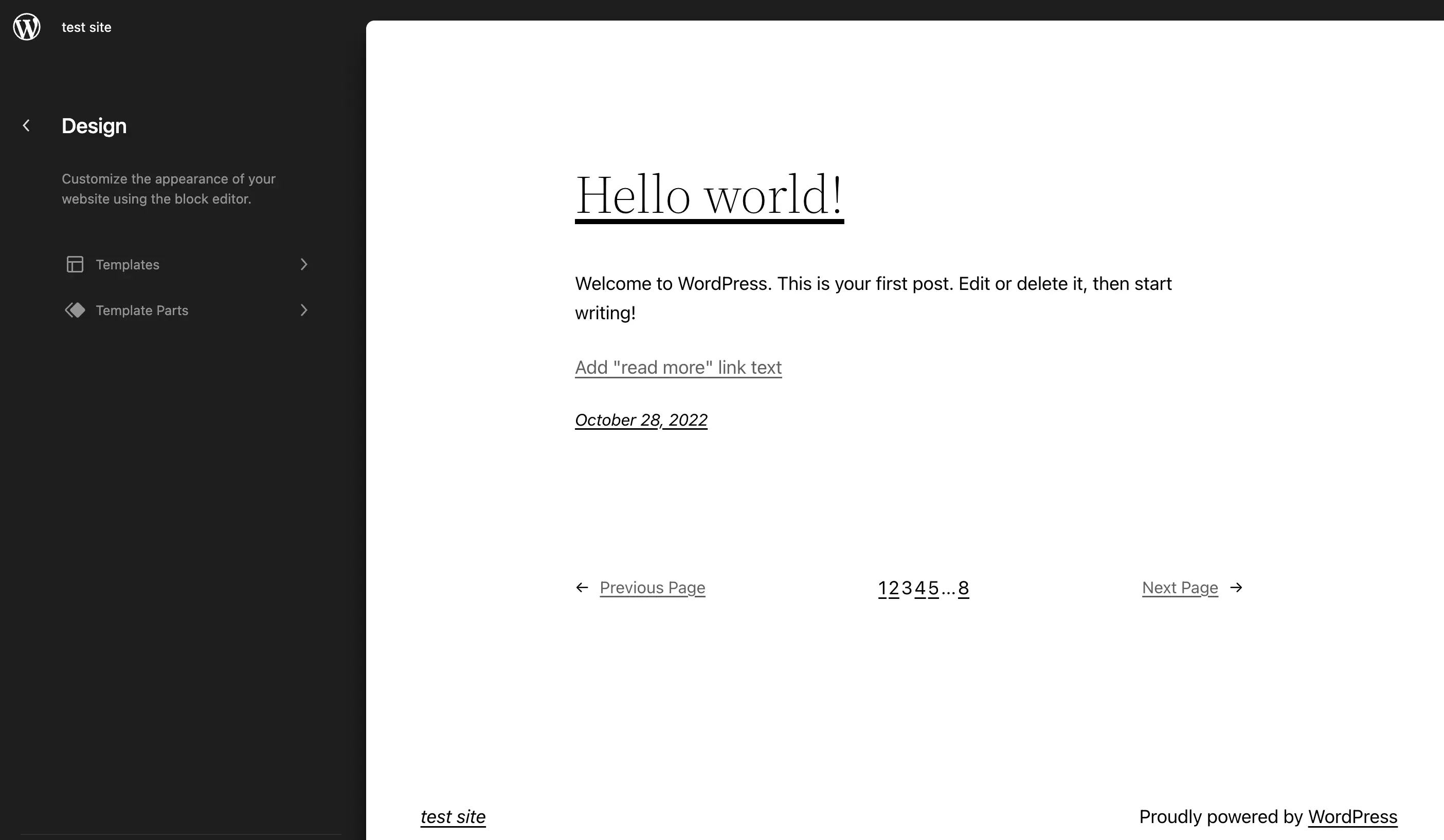 O editor completo do site WordPress.