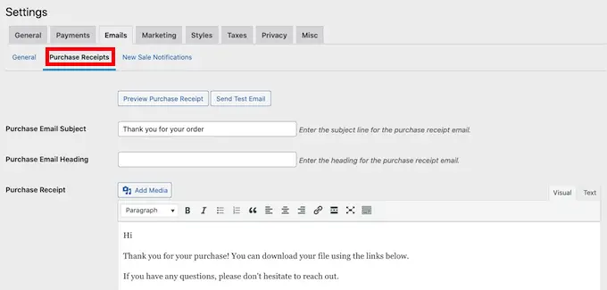 Dostosowywanie wiadomości e-mail z potwierdzeniem zakupu Customizing the purchase receipts email