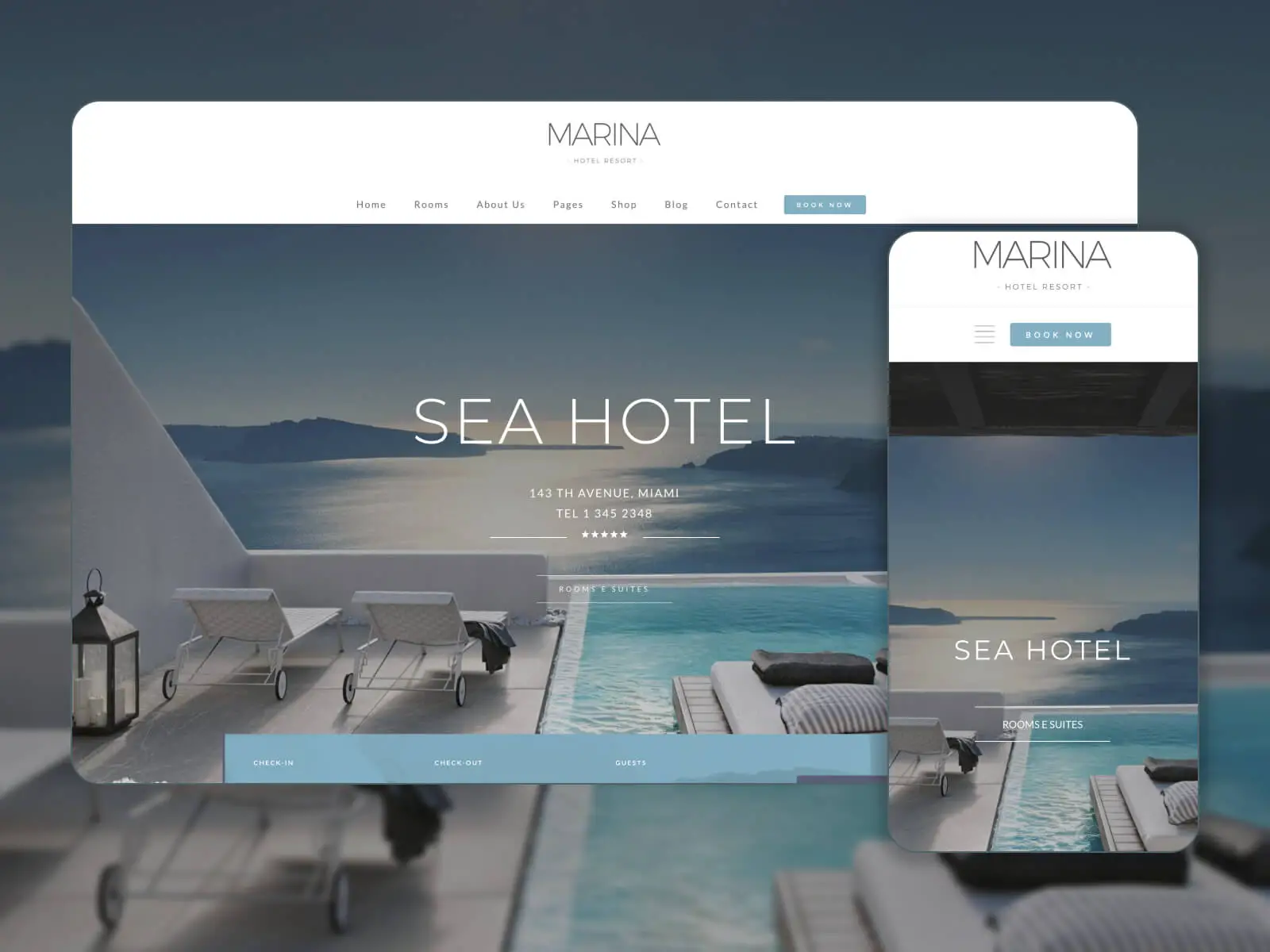 Ilustración de Marina: tema de WP para reservas totalmente personalizable y flexible en combinación de colores gris oscuro, blanco, gris claro y gris oscuro