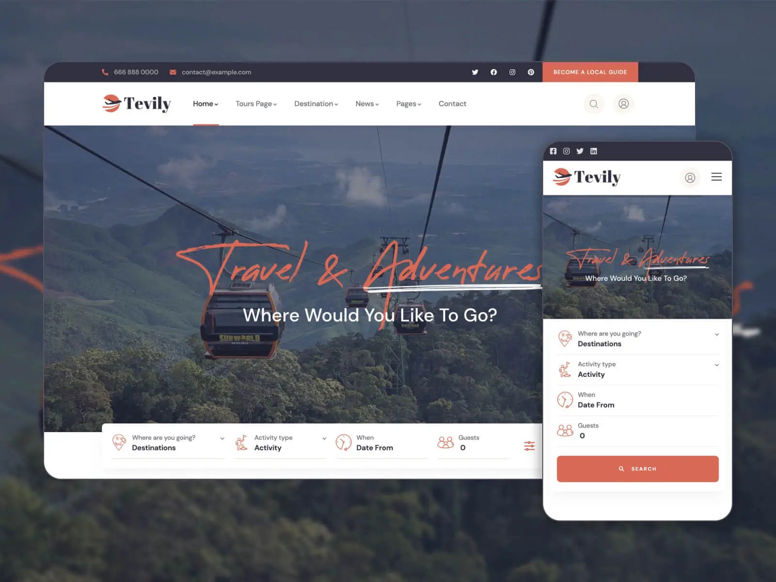Collage of Tevily: plantilla de sitio web de reservas limpia y moderna para WordPress en combinación de colores gris oscuro, rojo indio, nieve y gris oscuro