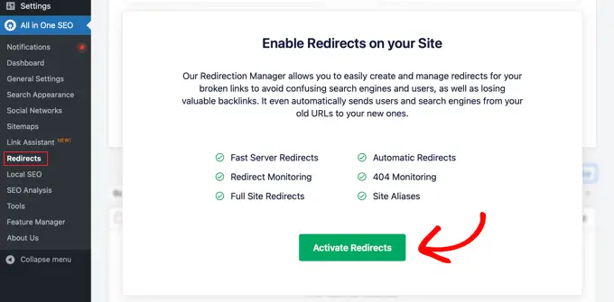 Activer les redirections dans All in One SEO Activating Redirects in All in One SEO