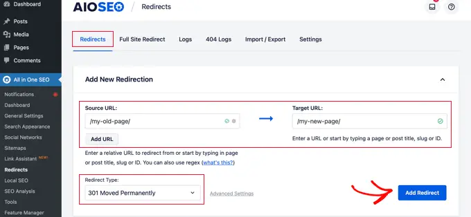 Введите исходный URL-адрес и целевой URL-адрес Enter Source URL and Target URL