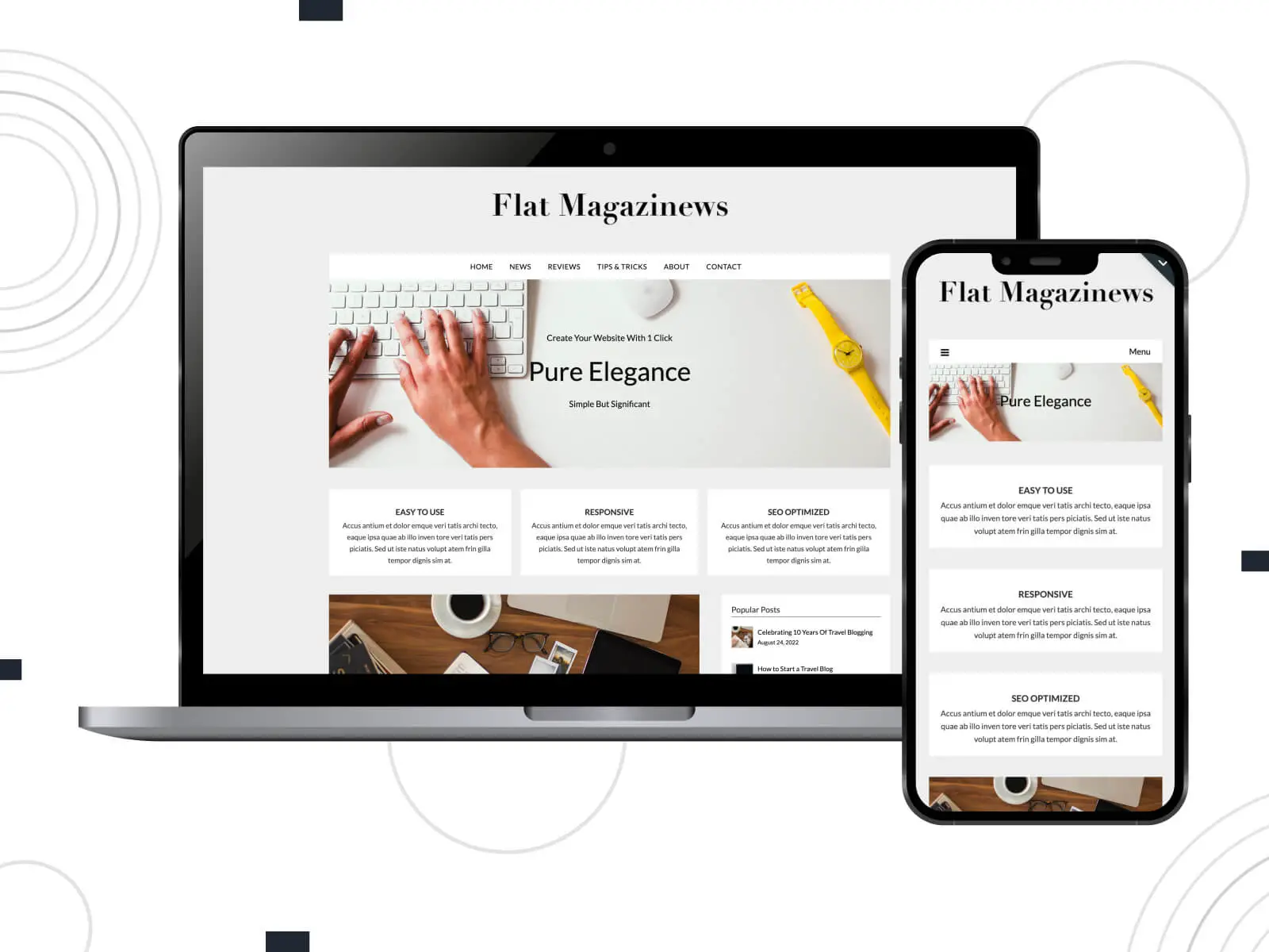 Kolaż FlatMagazinews — przyjazny dla użytkownika motyw magazynu dla serwisów informacyjnych i publikacji na blogach w kombinacji kolorów szarego, siodłowego, pomarańczowego, ciemnego łososia i indyjskiej czerwieni