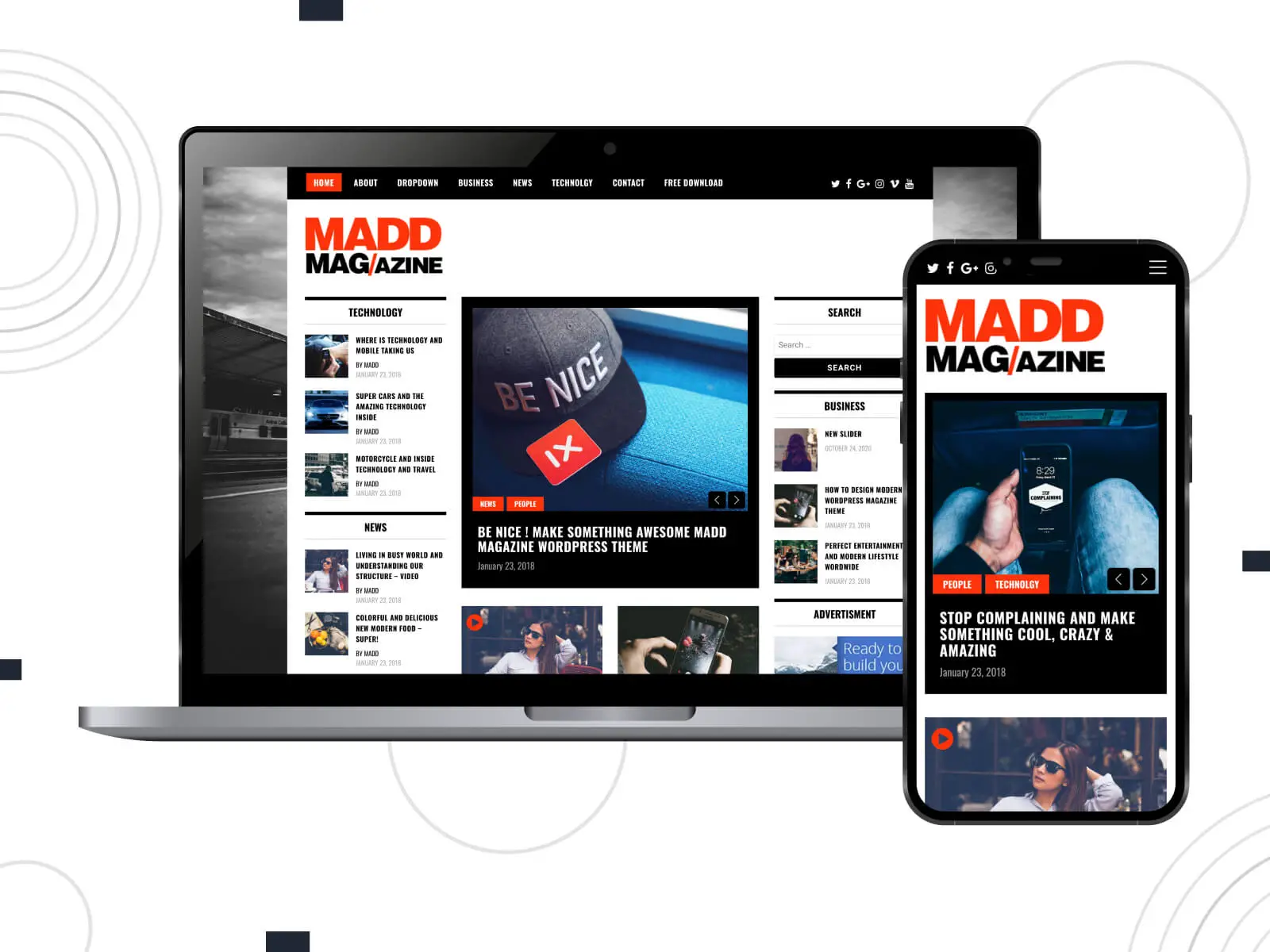 Ilustracja magazynu MADD — intuicyjny motyw magazynu z zaawansowanymi funkcjami dla firm informacyjnych i blogów w mieszance kolorów szarym, granatowym, pomarańczowym, średnim turkusowym i stalowoniebieskim
