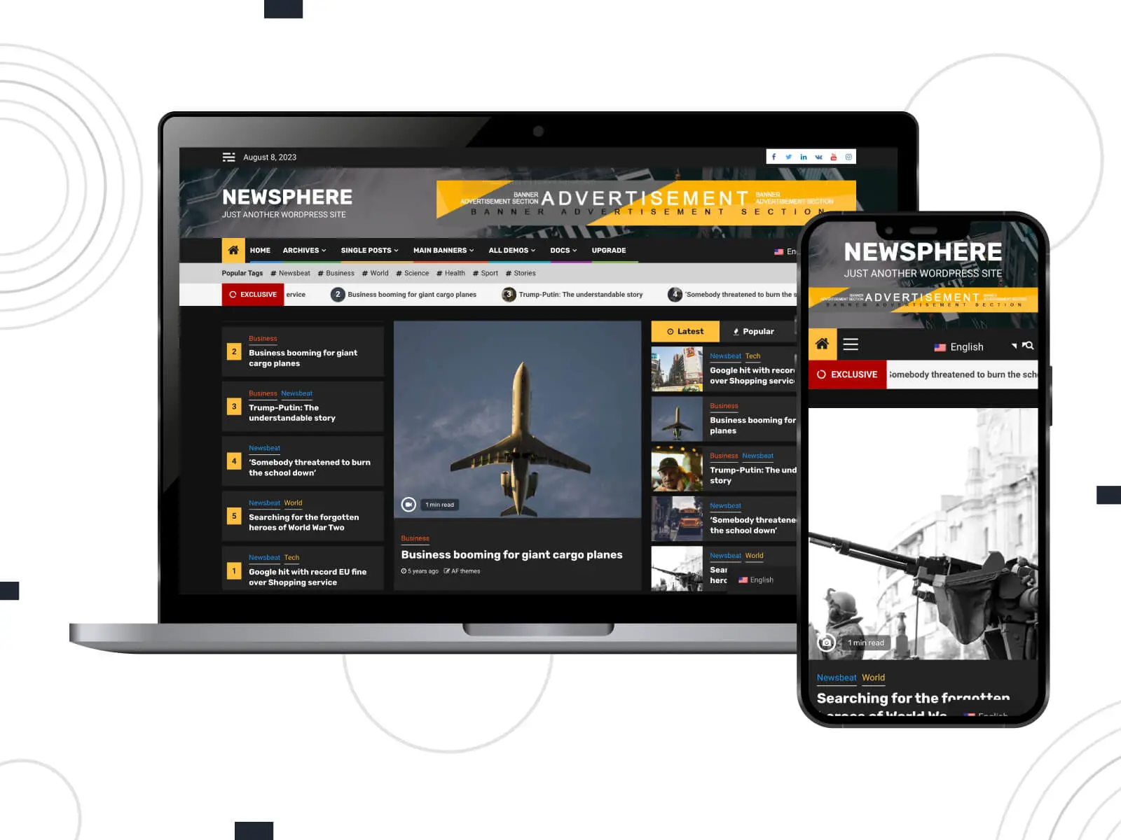 Picture of Newsphere — elegancki szablon dla entuzjastów wiadomości z układami magazynów i wszechstronnymi funkcjami w palecie kolorów piaskowobrązowych, pomarańczowych, przyciemnionych, ciemnoczerwonych i peru