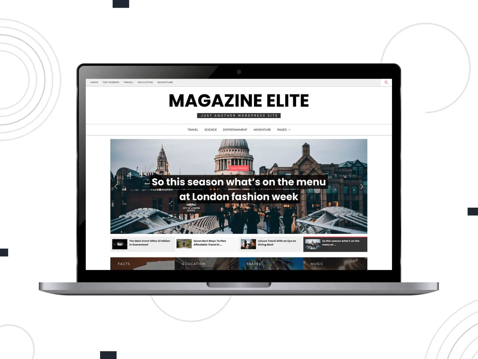 Migawka Magazine Elite — elegancki motyw WordPress dostosowany do magazynów informacyjnych i blogów z dynamiczną zawartością w kombinacji kolorów pomidorowego, różowobrązowego, jasnobrązowego, czarnego i ciemnoszarego