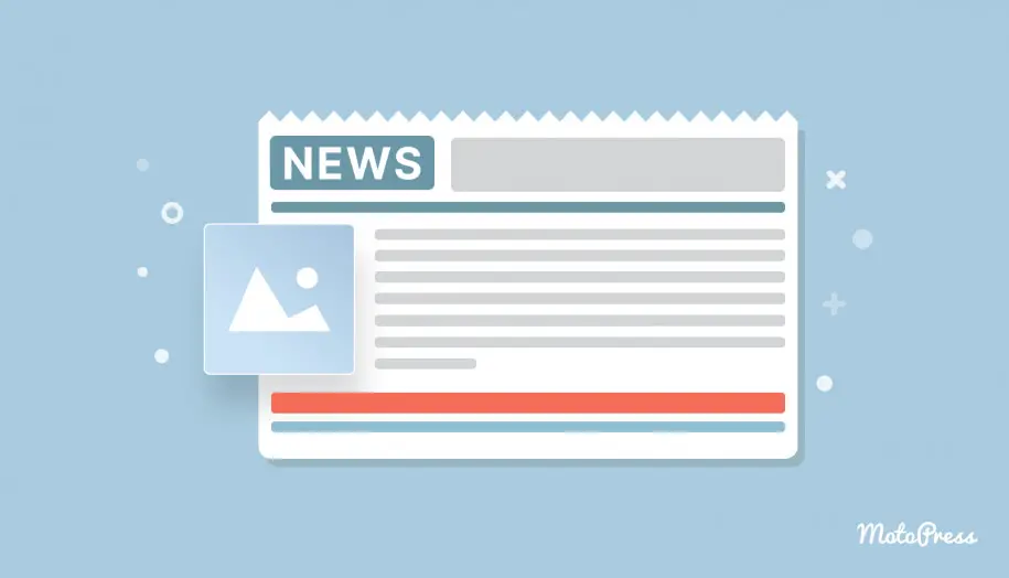 Wyróżniony obraz wtyczek WordPress dla witryny z wiadomościami z niebieskim tłem i blokiem wiadomości.