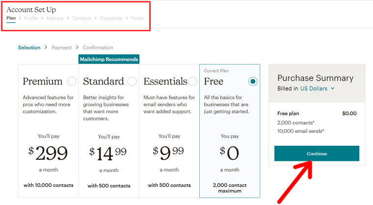 Mailchimp Hesabı Kurmak için Bir Plan Seçin