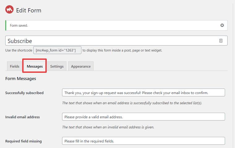 Message Settings in Mailchimp for WordPress